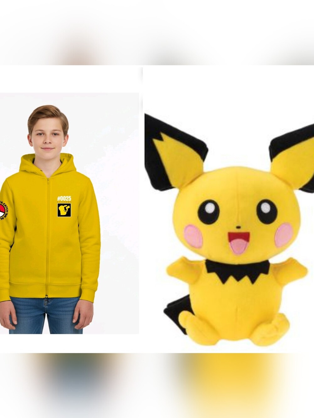 Yellow Pikachu Graphic Zip Hoodie & Pikachu Stuffed Animal - Picture 1 of 11